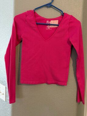 Pink Ribbed V Neck Long Sleeve Top Womens Medium Stretch Fitted Casual